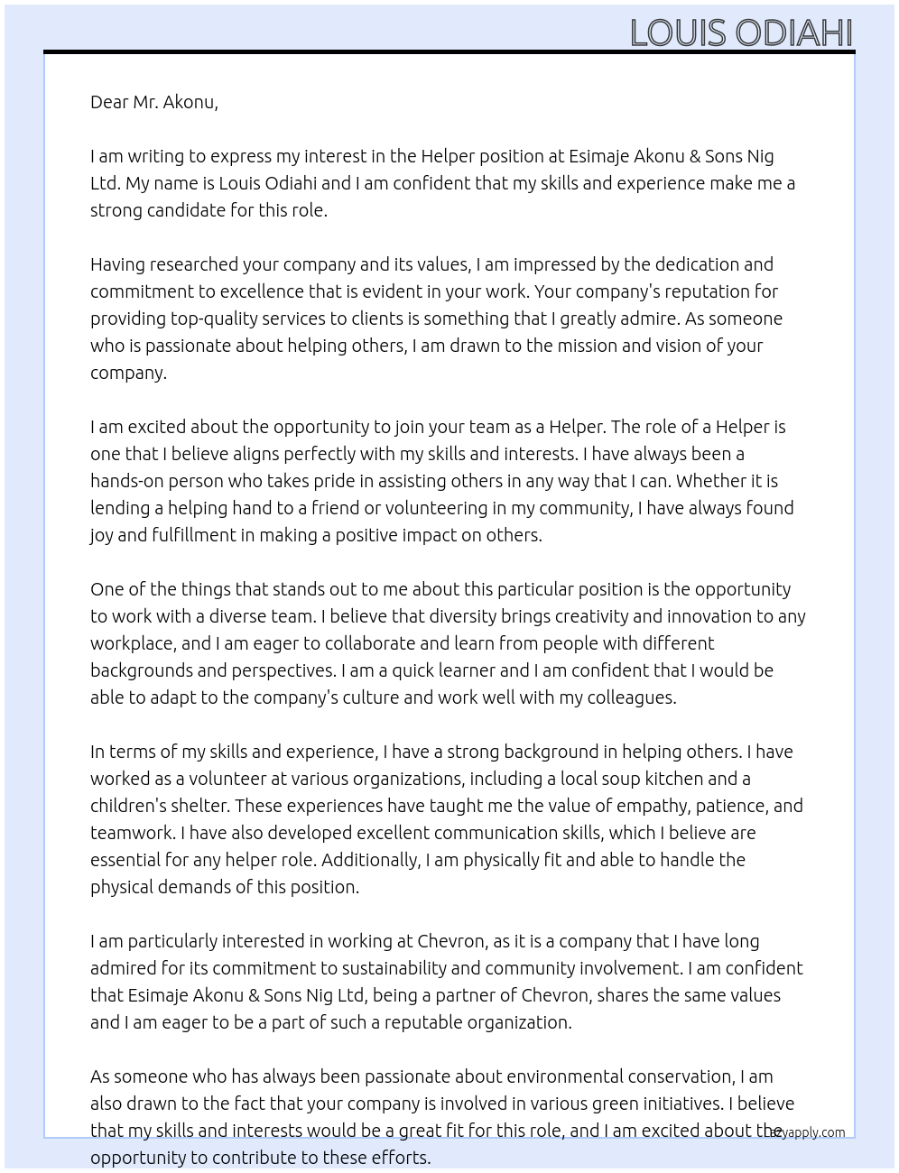 Helper  At Esimaje Akonu & Sons Nig Ltd Cover Letter