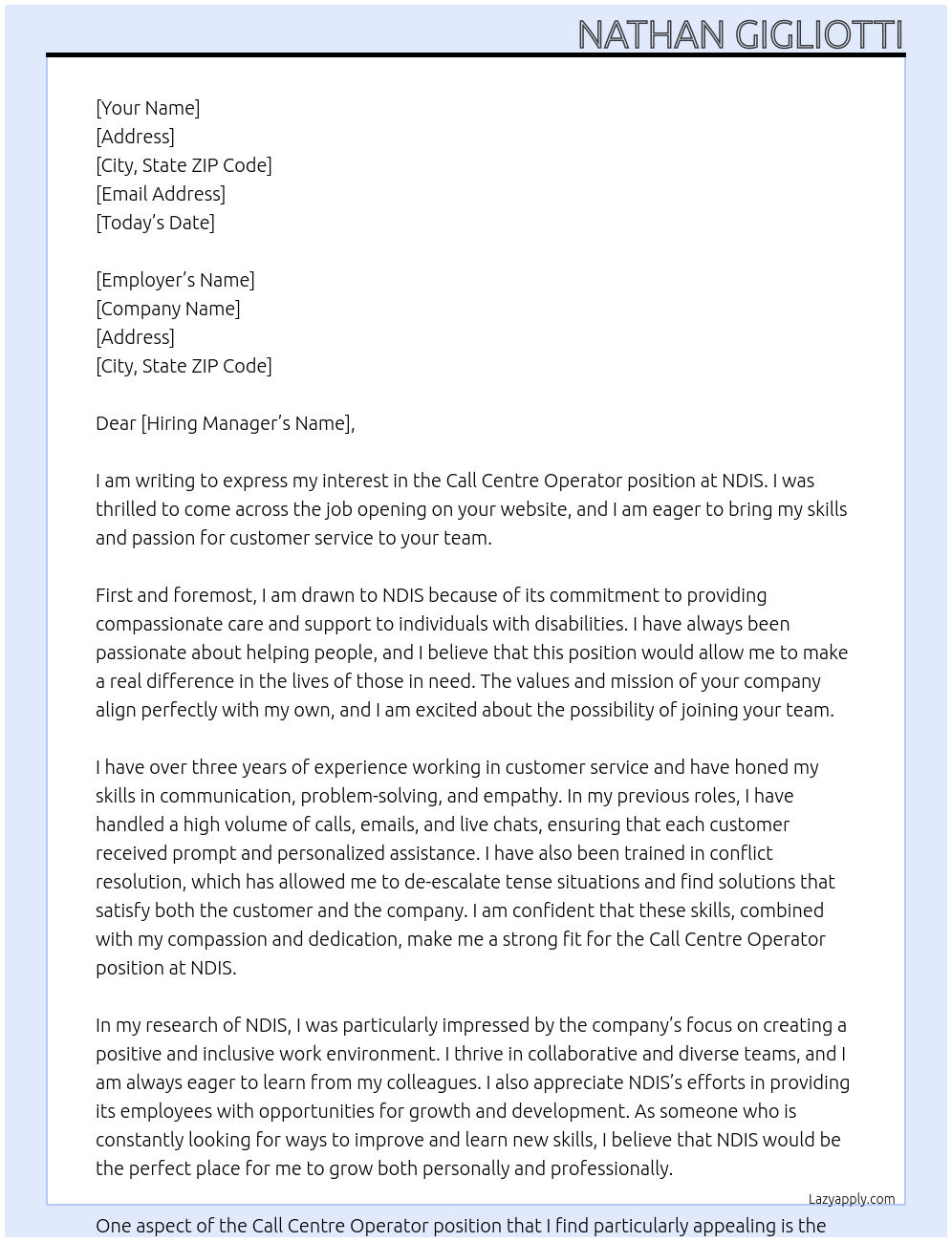 Call Centre Operator At NDIS Cover Letter