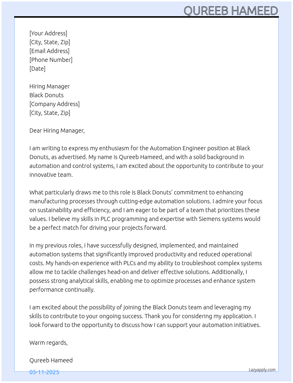 Automation Engineer At Black Donuts Cover Letter