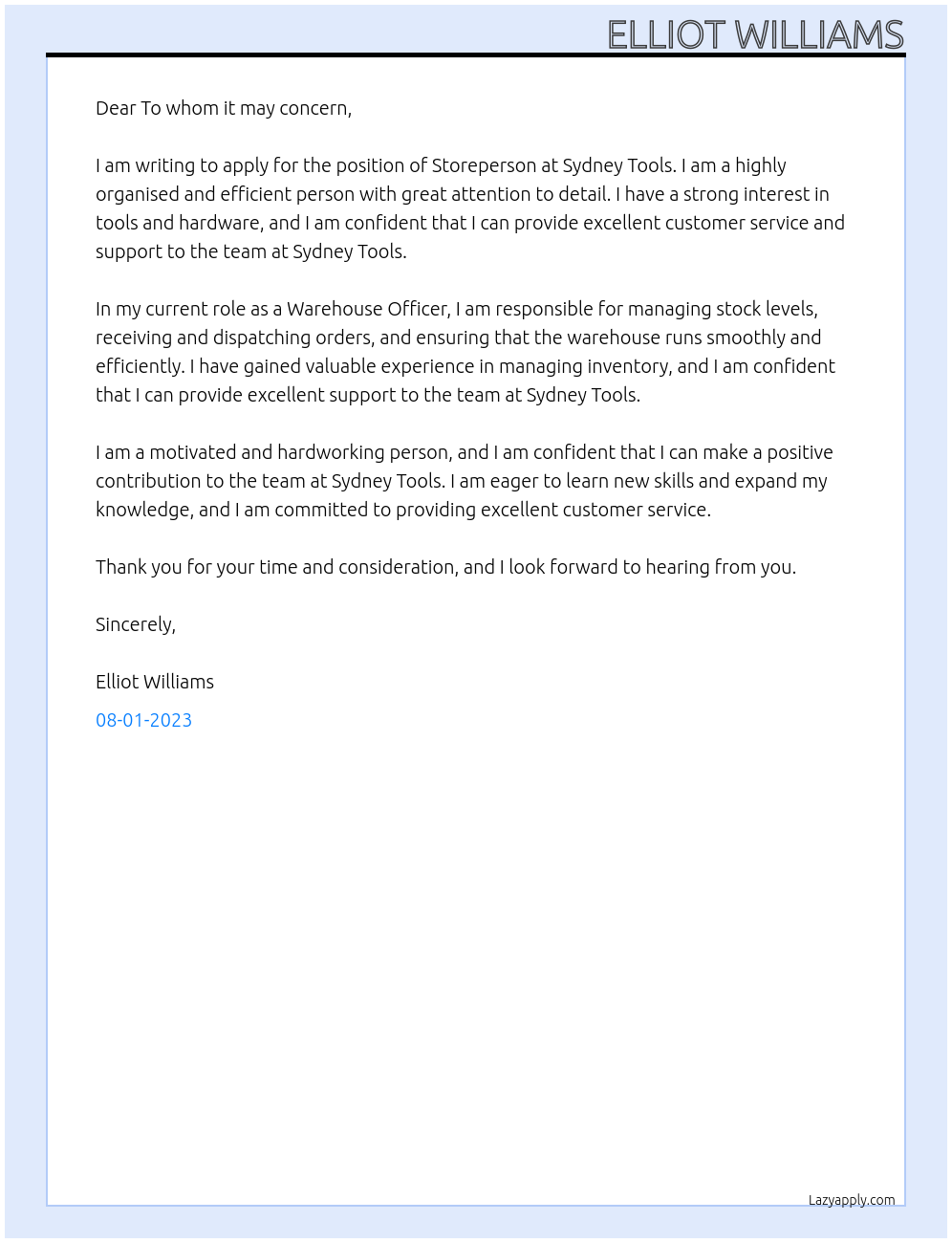 Storeperson At Sydney Tools Cover Letter