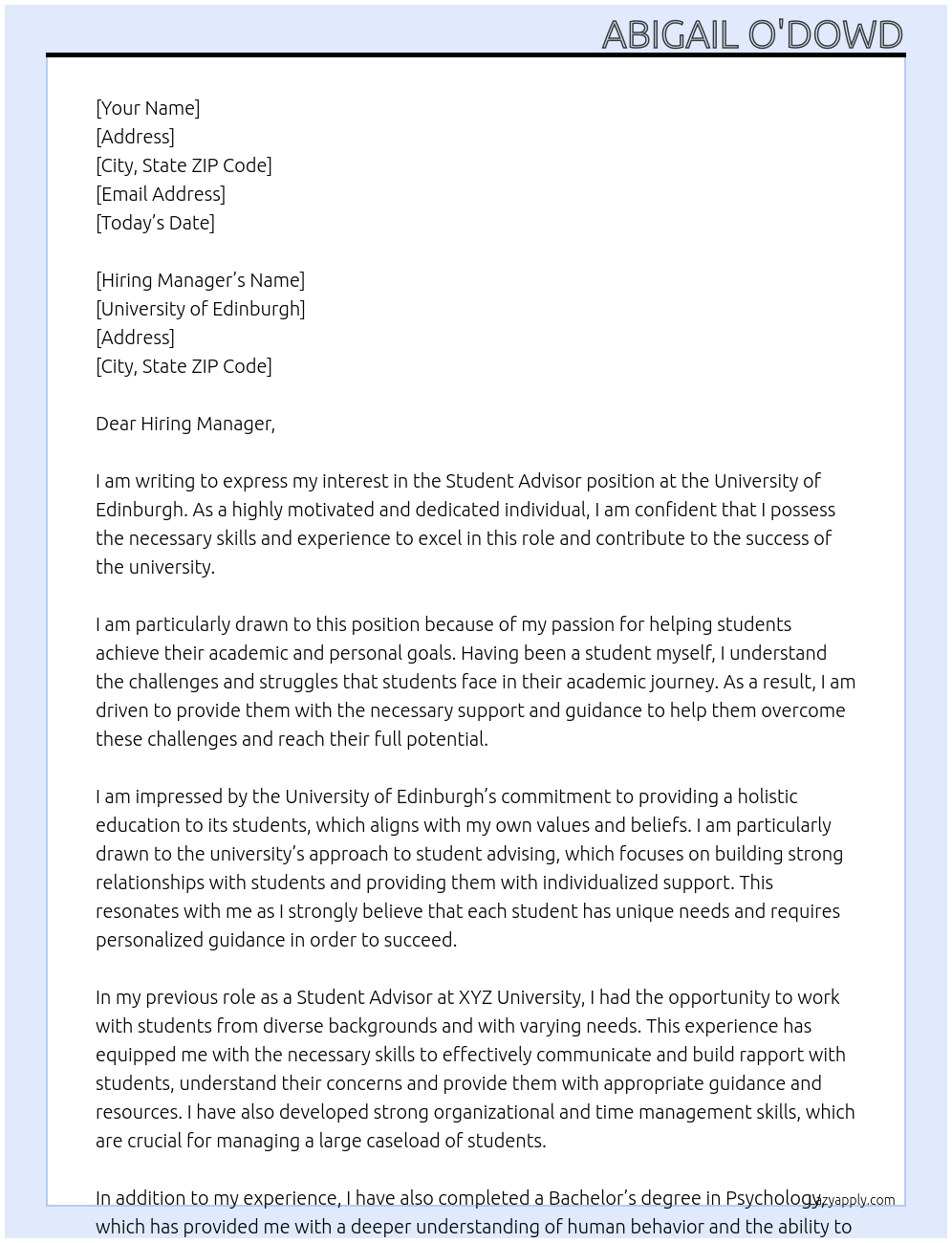 Student Advisor At University of Edinburgh Cover Letter
