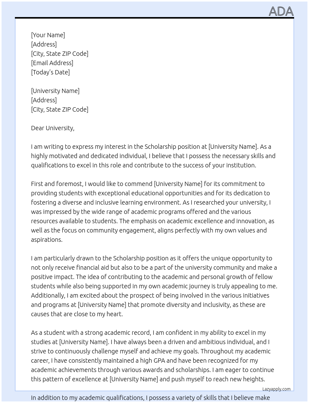 Scholarship At University Cover Letter