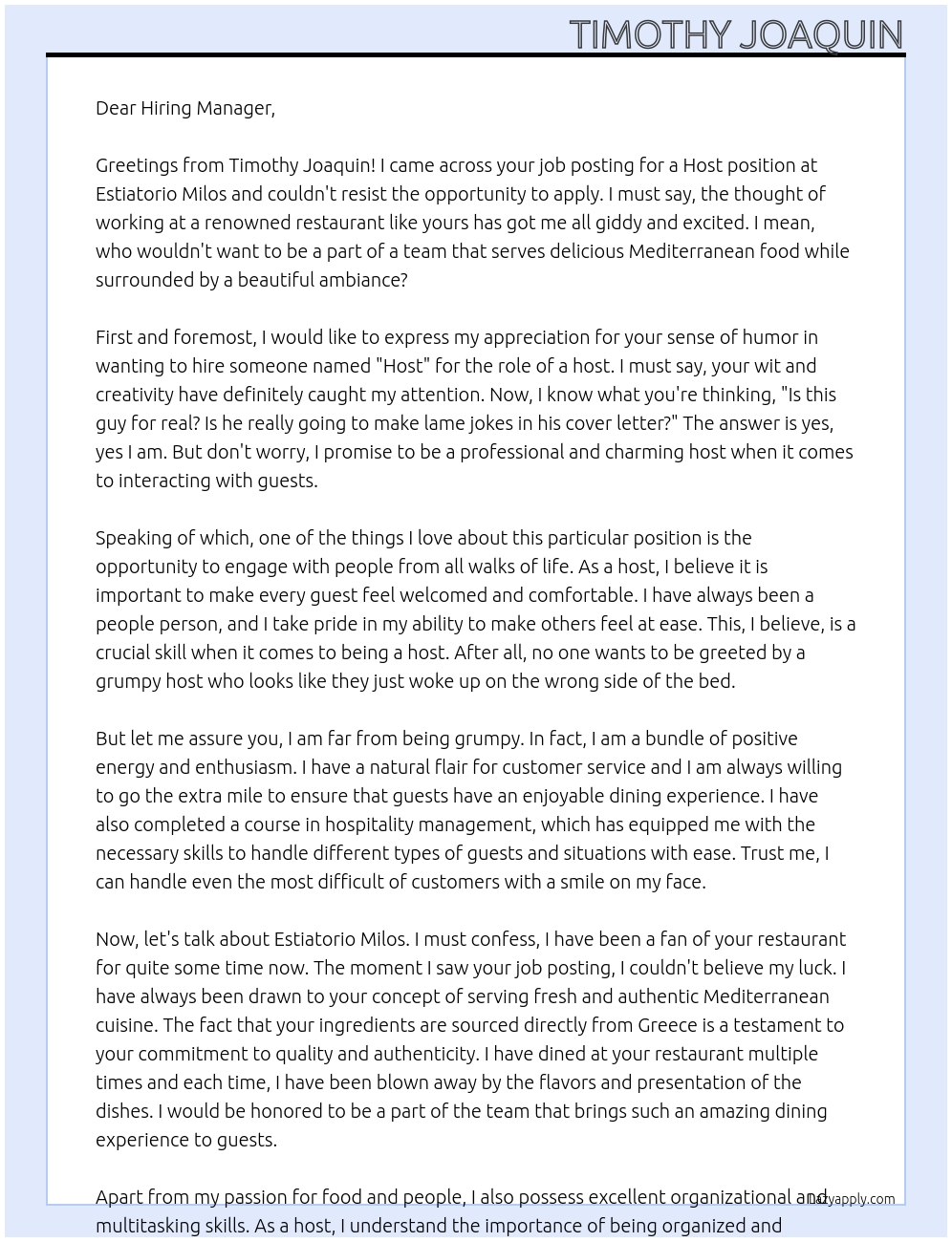 Host At Estiatorio Milos  Cover Letter