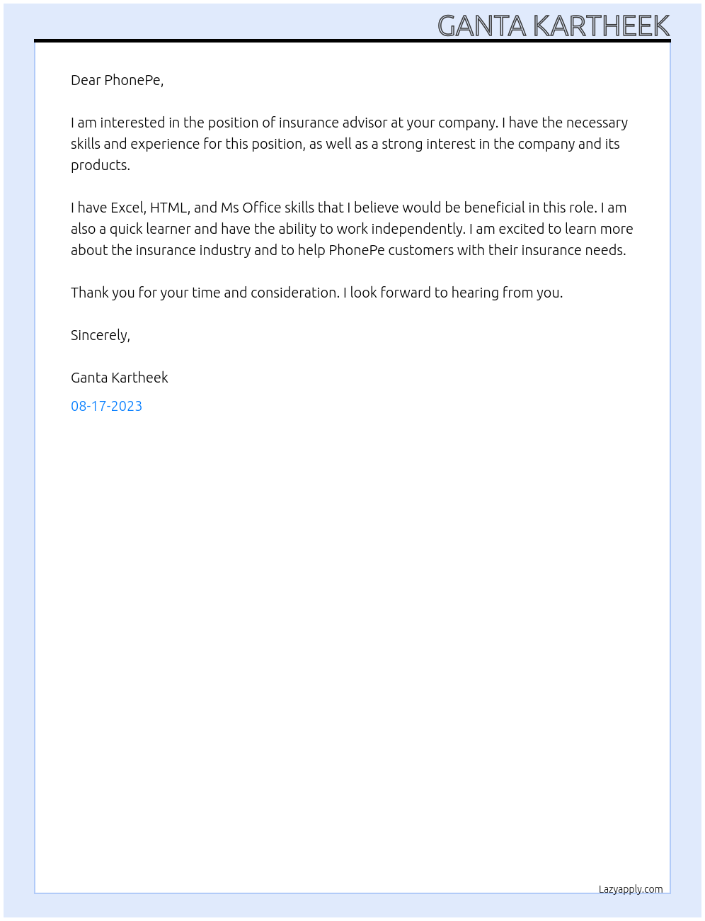 Insurance advisor At PhonePe Cover Letter