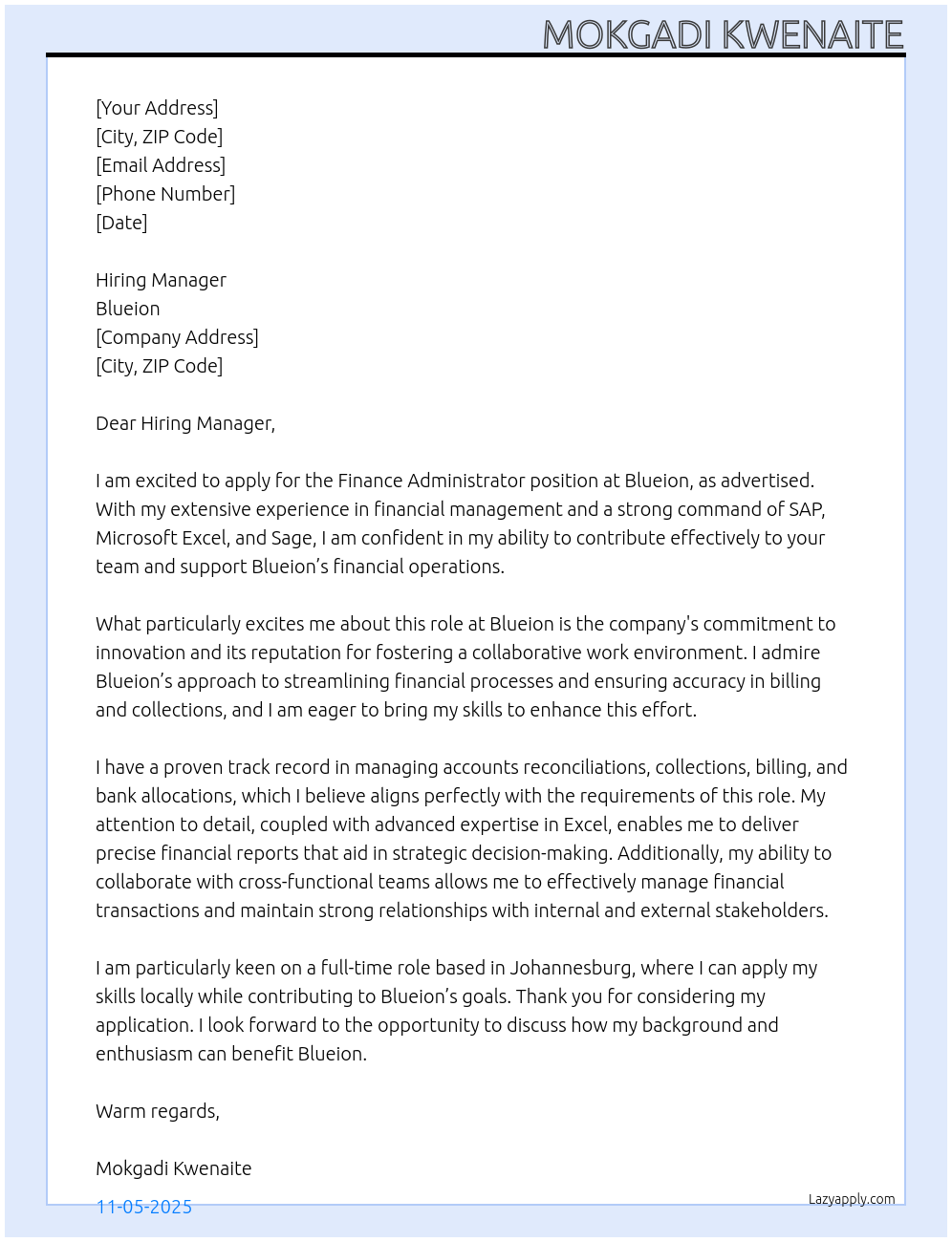 Finance administrator At Blueion Cover Letter