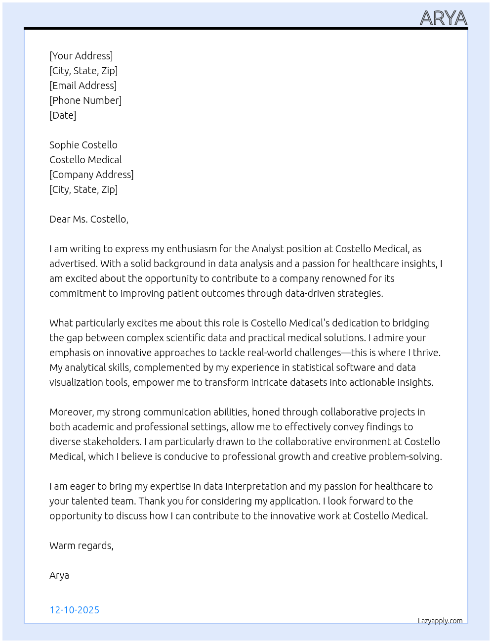 Cover letter for Analyst - LazyApply