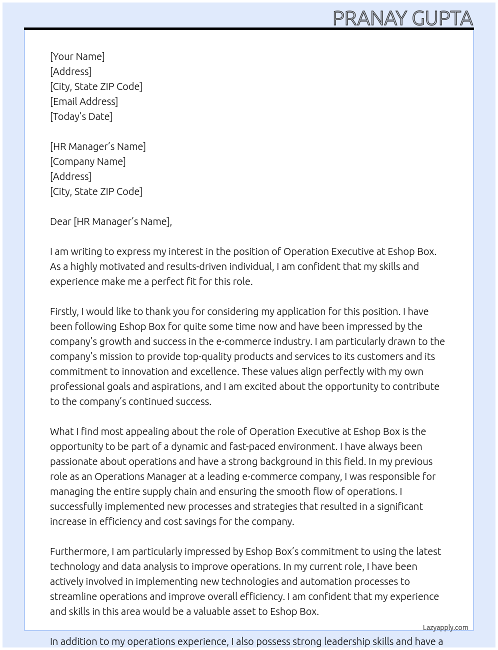 Operation Executive At Eshop Box Cover Letter