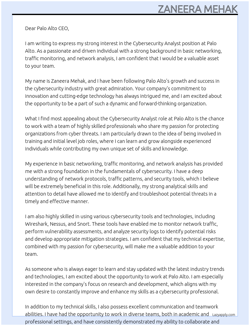 Cybersecuirty Analyst At Palo alto Cover Letter