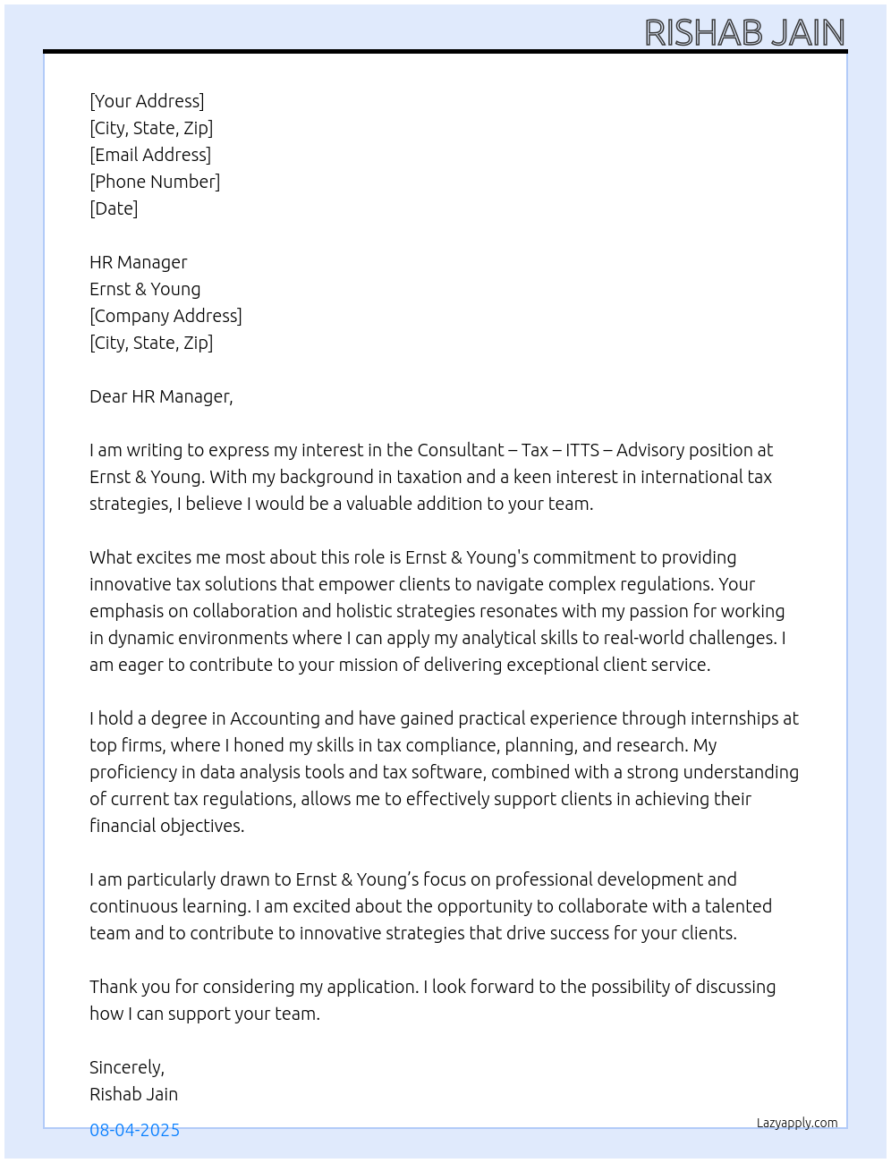 Consultant – Tax – ITTS – Advisory At Ernst & Young Cover Letter