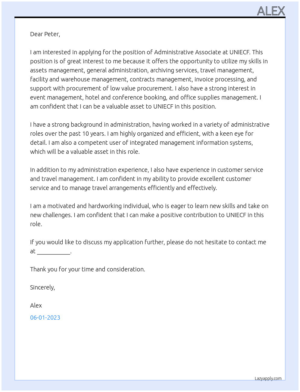 Administrative Associate At UNIECF Cover Letter