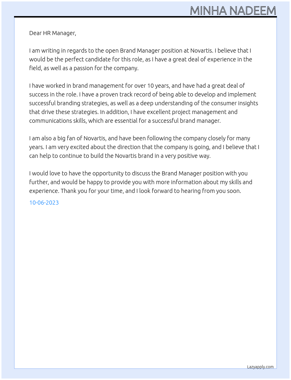 Brand Manager At Novartis Cover Letter