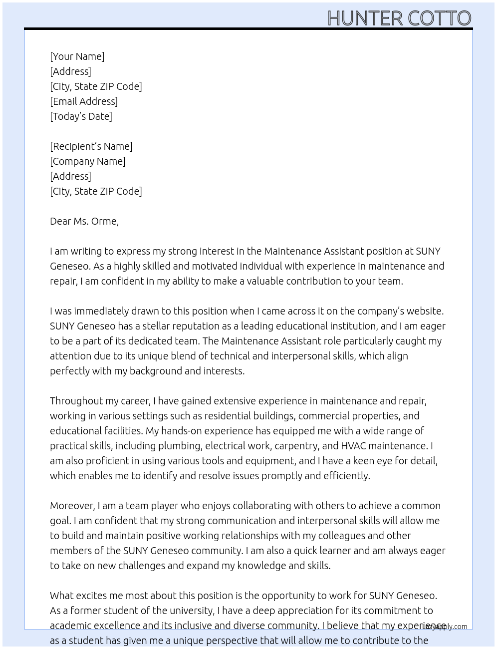 Maintenance assistant At SUNY Geneseo Cover Letter