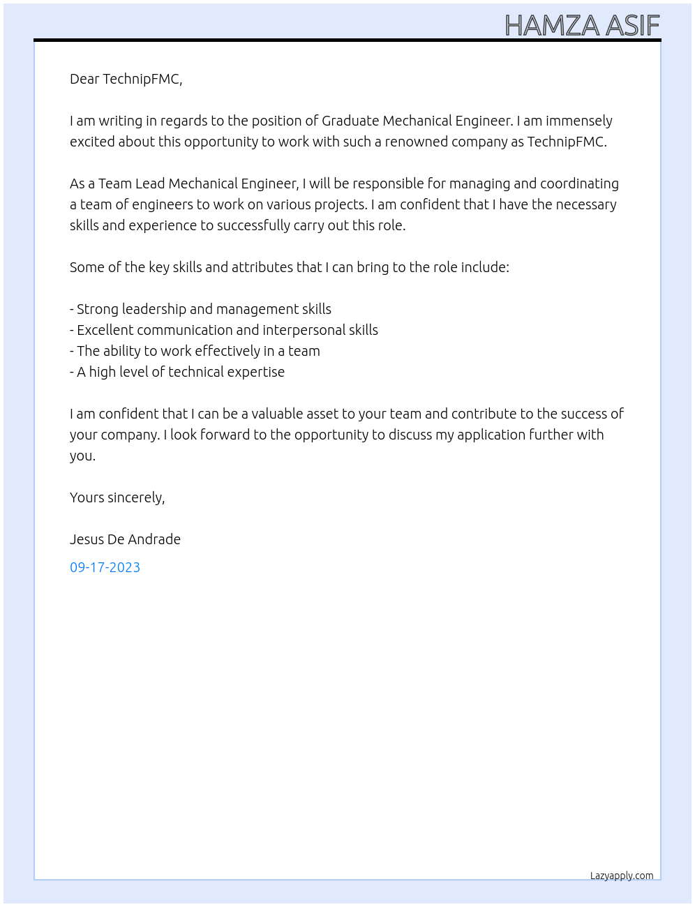 Graduate Mechanical Engineer At TechnipFMC Cover Letter