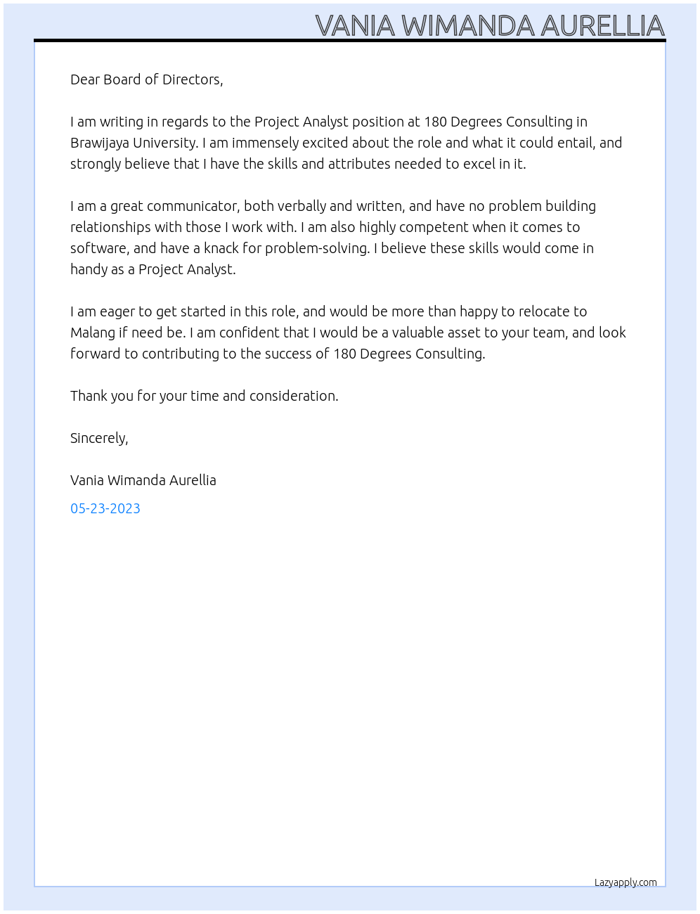 Project Analyst At 180 Degrees Consulting In Brawijaya University Cover Letter