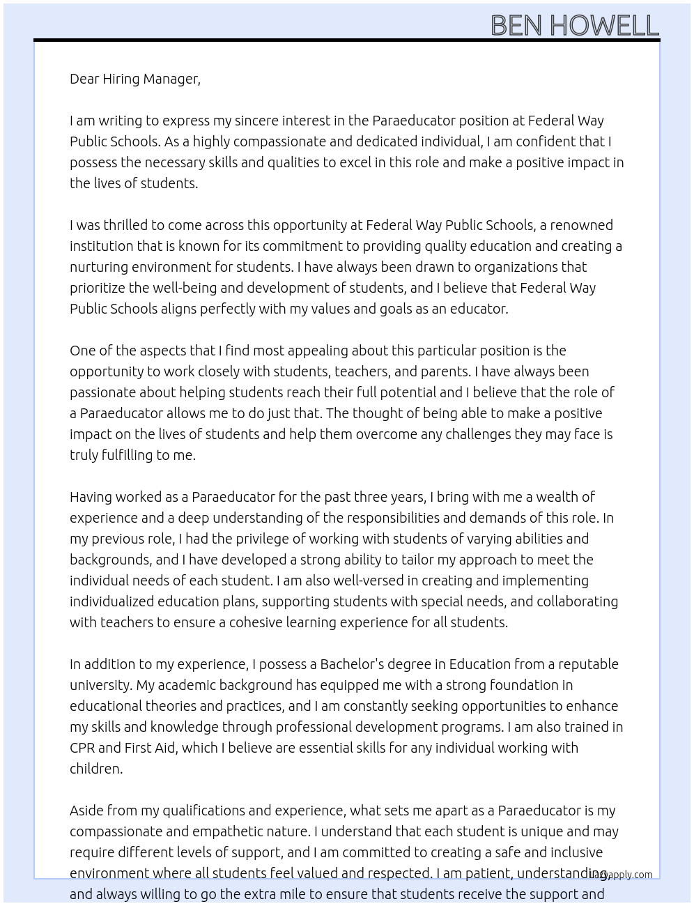 Paraeducator At Federal Way Public Schools Cover Letter