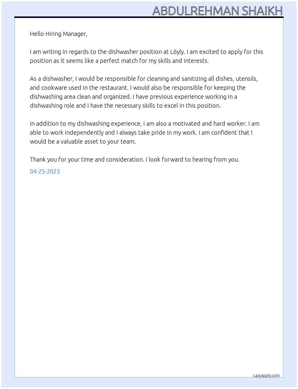 Dishwasher At Löyly Cover Letter