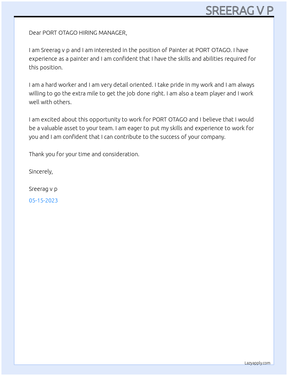 Painter At PORT OTAGO Cover Letter