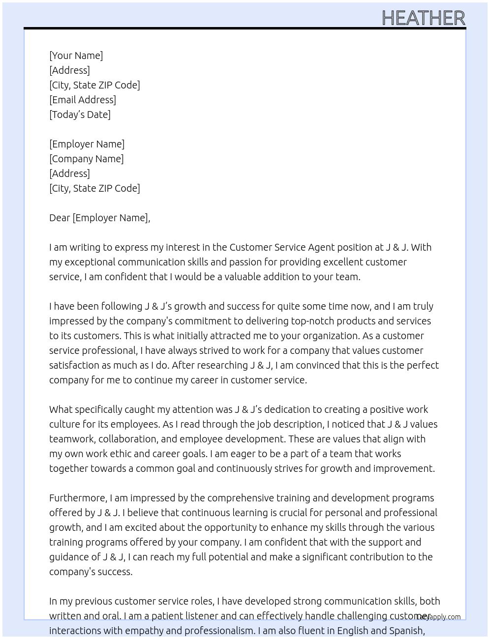 customer service agent At J & J Cover Letter