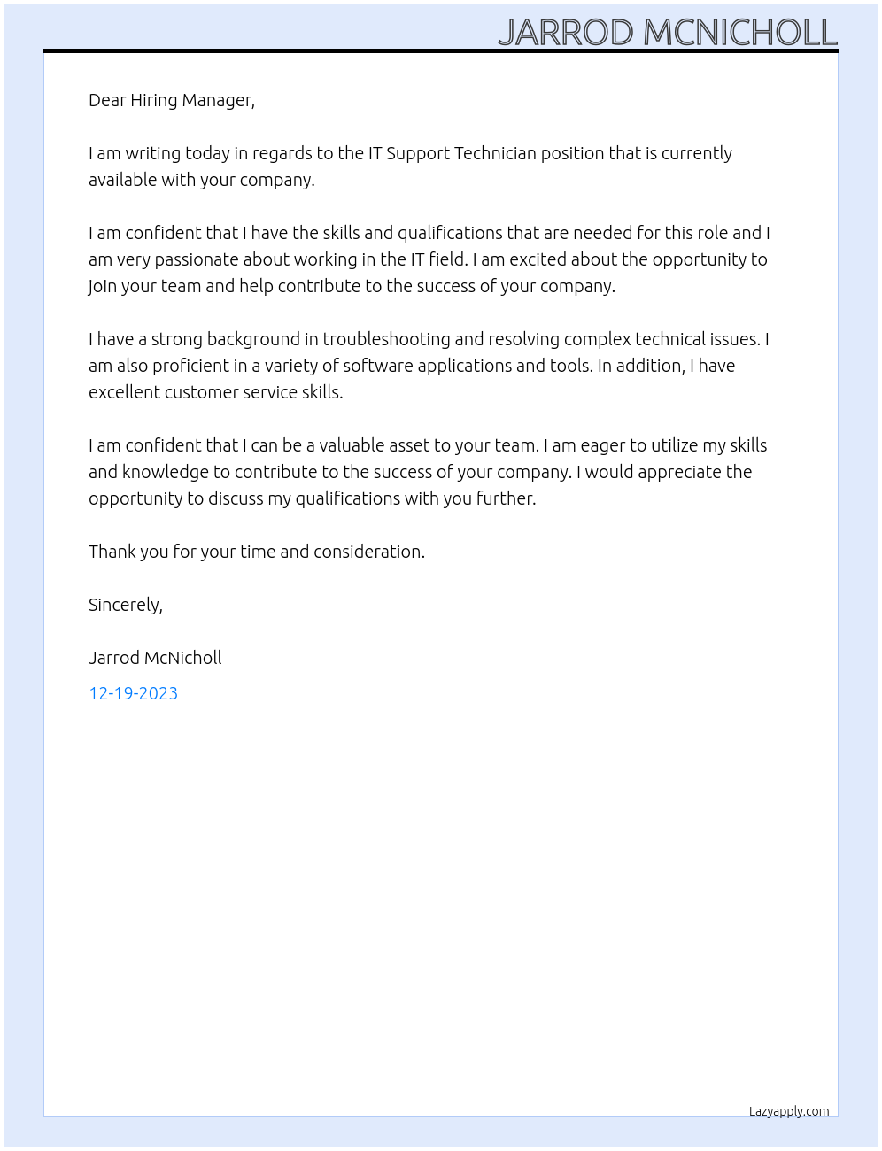 IT Support Technician At Company Name Cover Letter