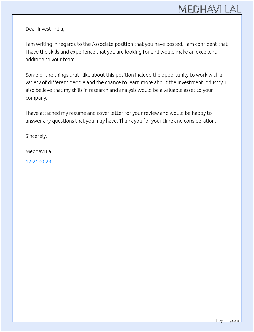 Associate At Invest India Cover Letter