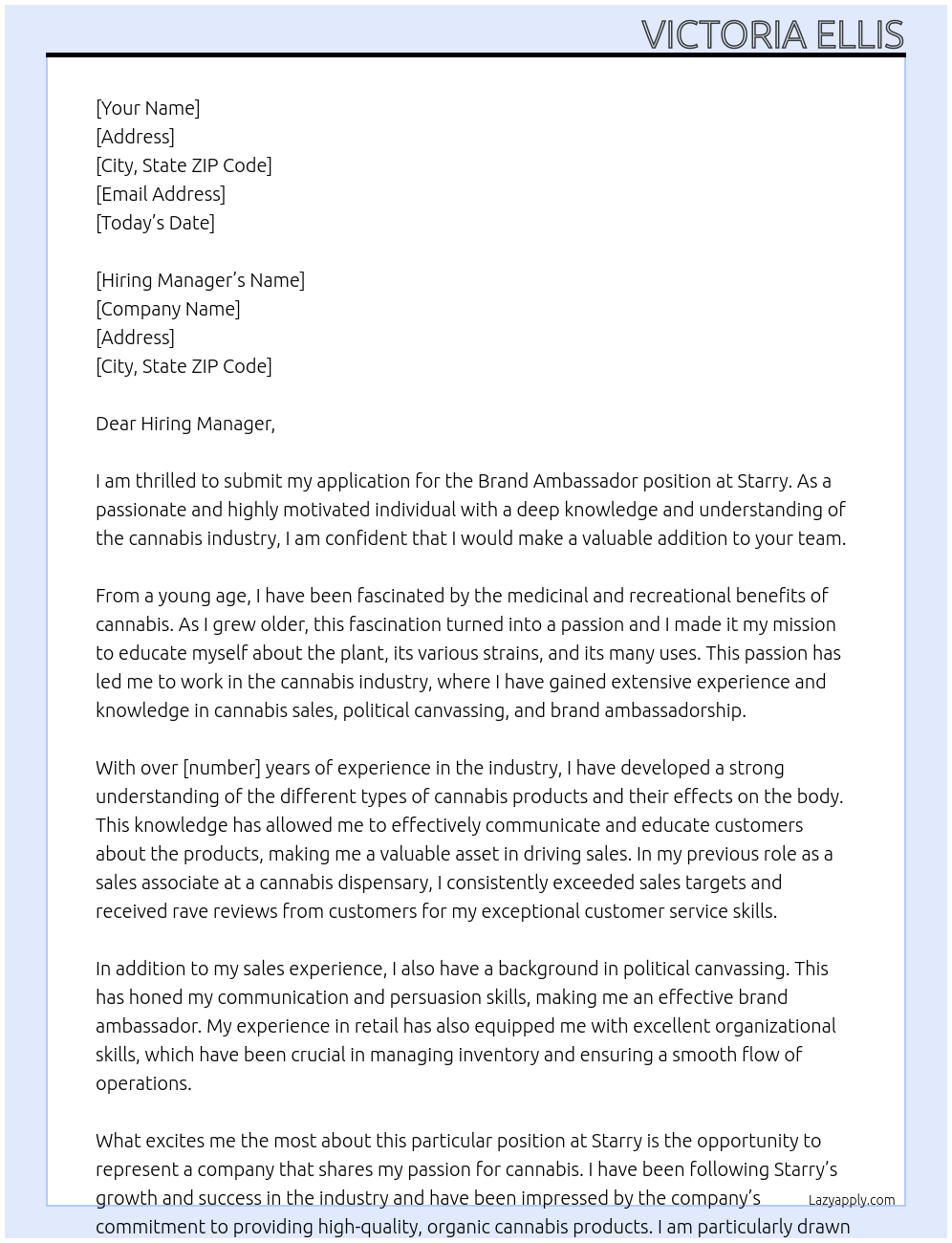 Brand Ambassador  At Starry Cover Letter