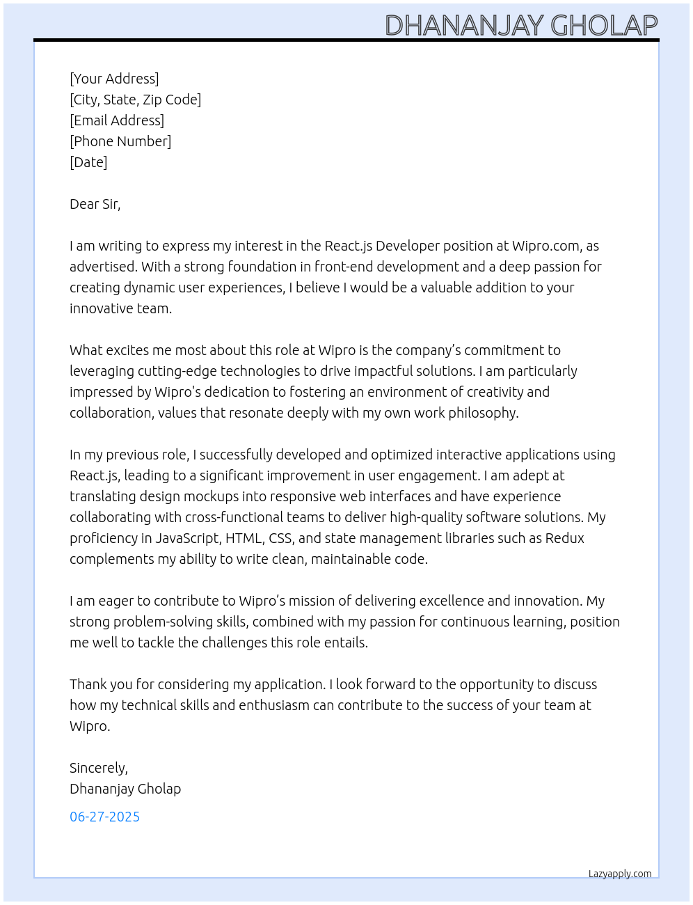 react.js developer At wipro.com Cover Letter