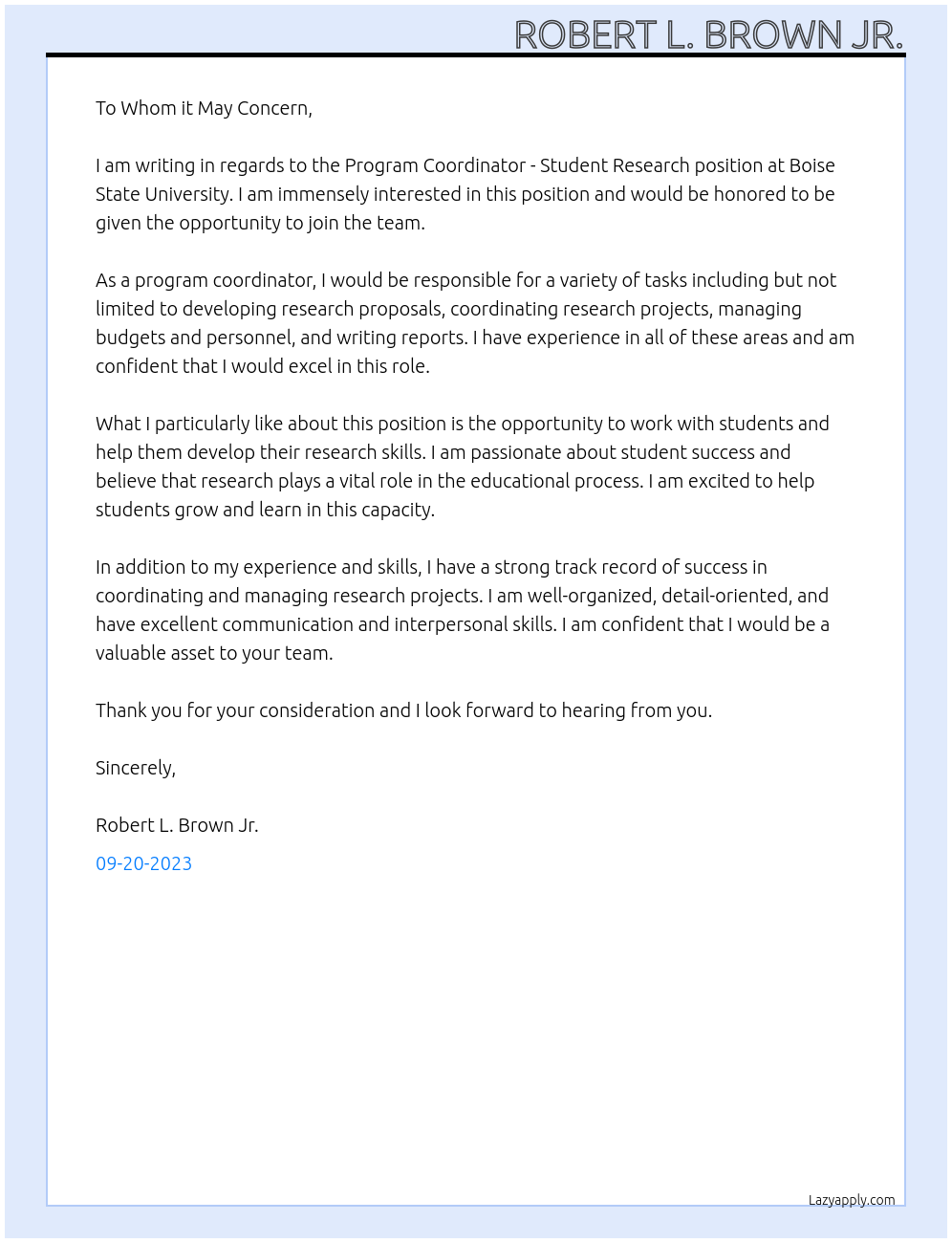 Program Coordinator - Student Research At Boise State University Cover Letter