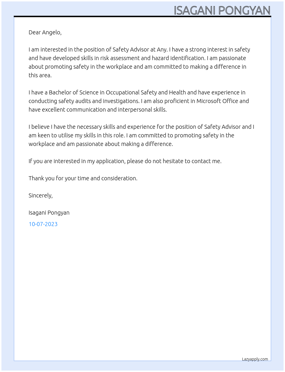 Safety Advisor At Any Cover Letter