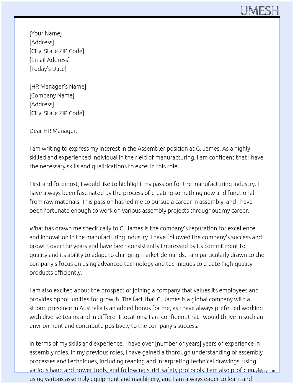 Cover letter for assembler - LazyApply