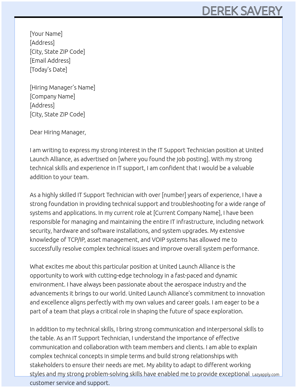 IT Support Technician At United Launch Alliance Cover Letter