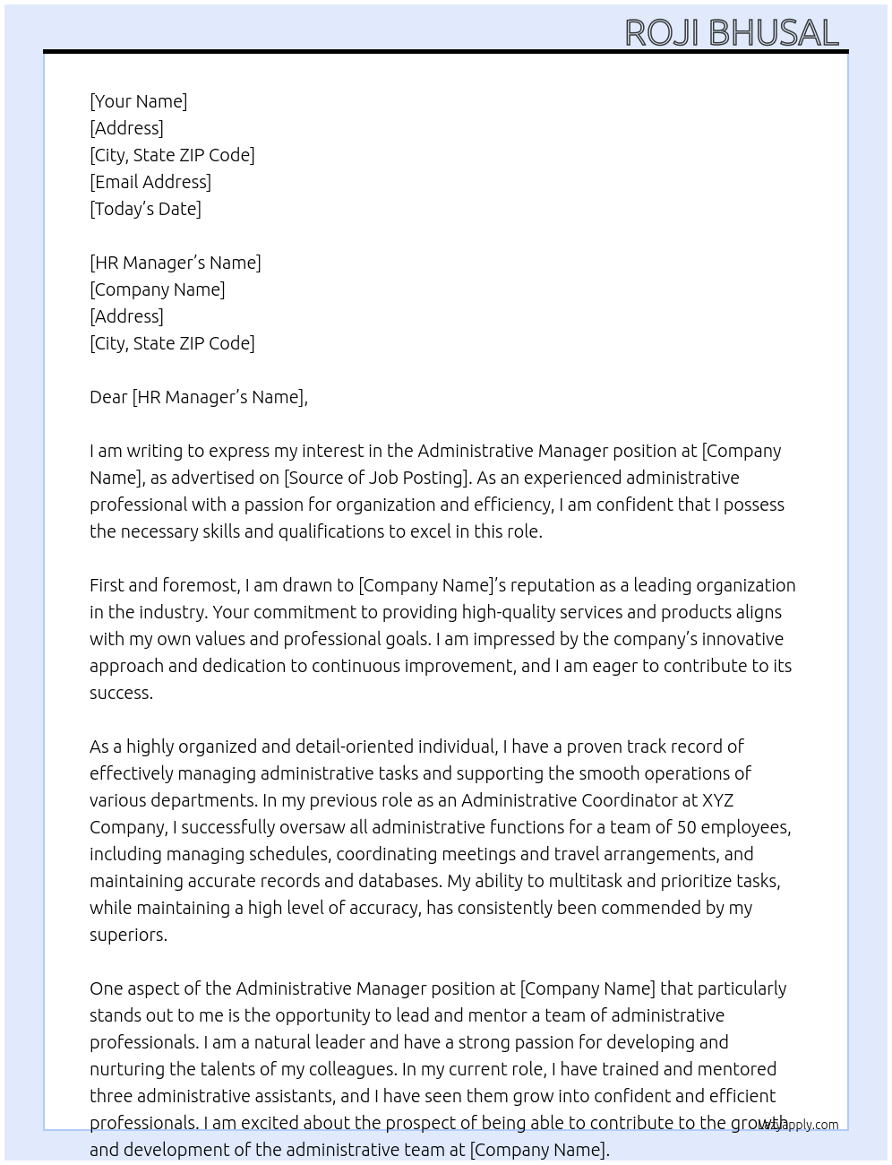 Administrative manager  At Company  Cover Letter