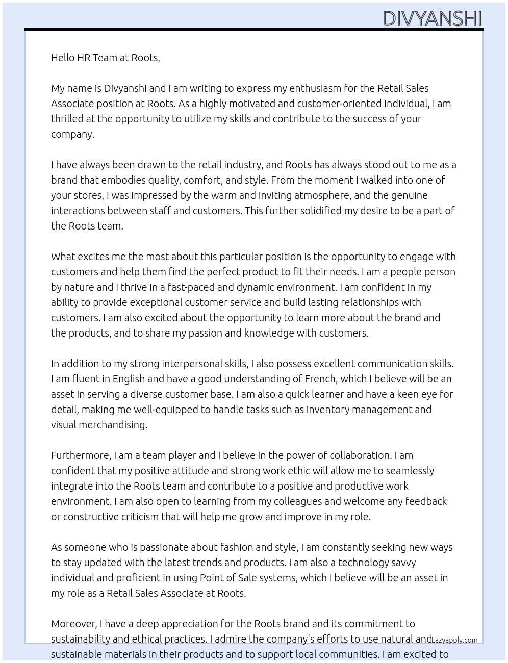 retail sales associates At roots Cover Letter