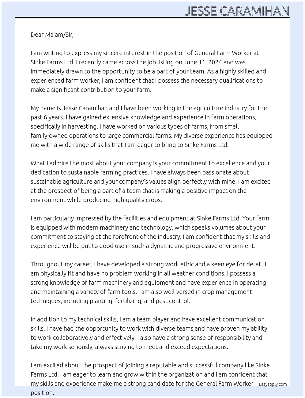 General Farm Worker At General farm worker - harvesting Verified Recognized Employer Posted on June 11, 2024 by Employer detailsSinke Farms Ltd Job details LocationBox 706Picture Butte, AB T0K 1V0 Cover Letter