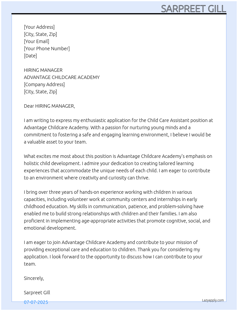 Cover letter for child care assistant - LazyApply