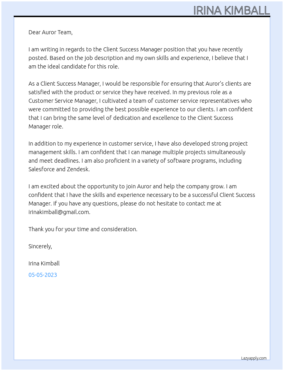 Client Success Manager At Auror Cover Letter