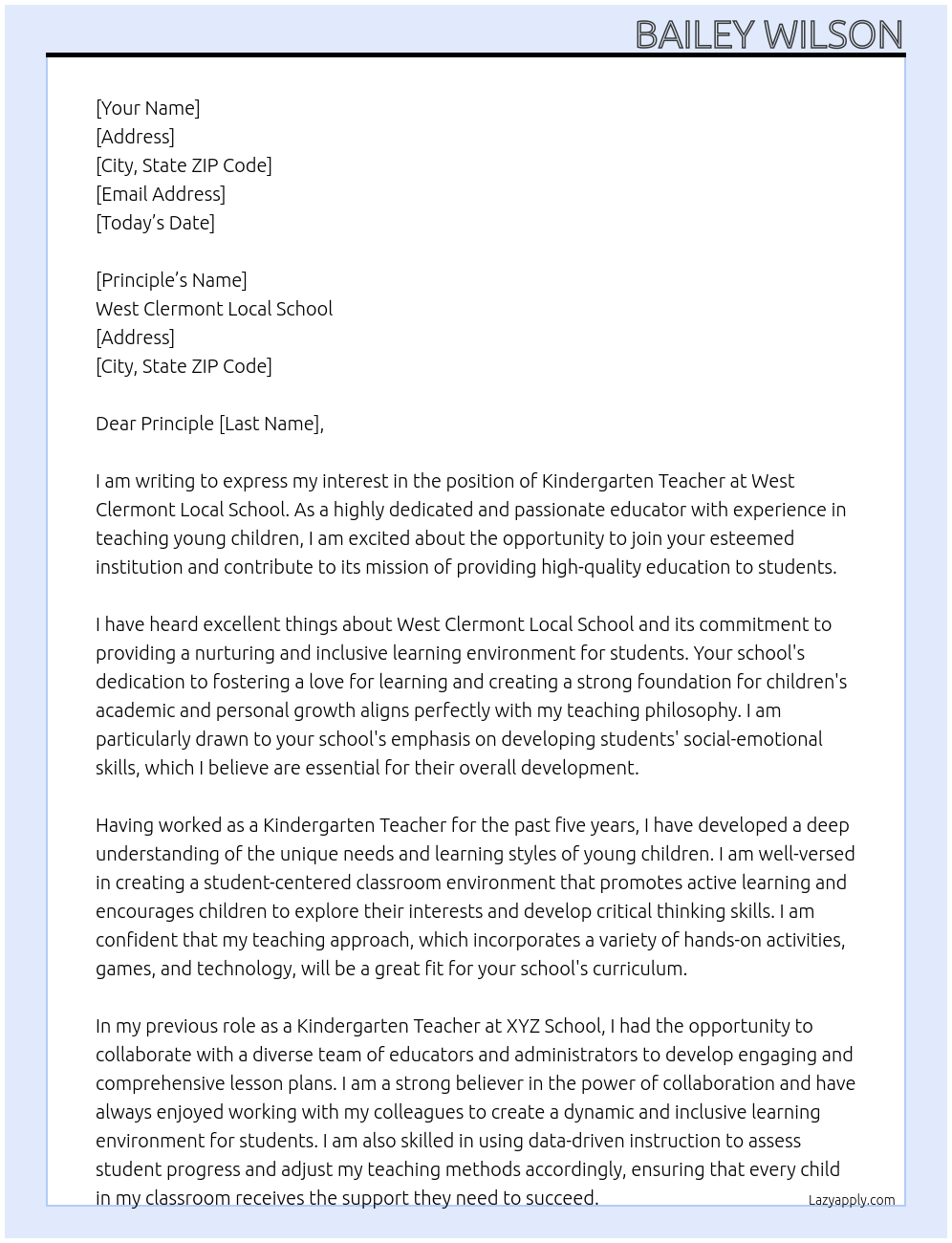 Kindergarten Teacher At West Clermont Local School Cover Letter