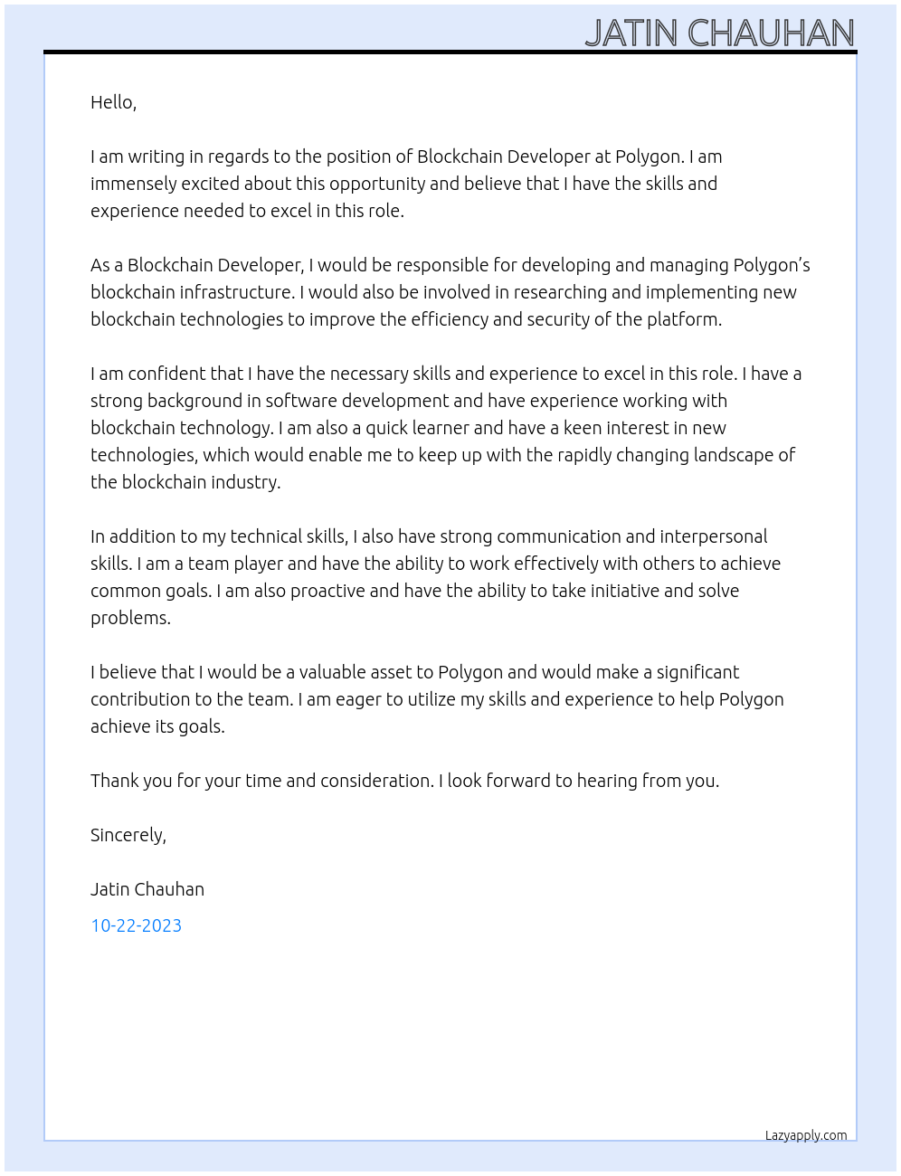 Blockchain Developer At Polygon Cover Letter