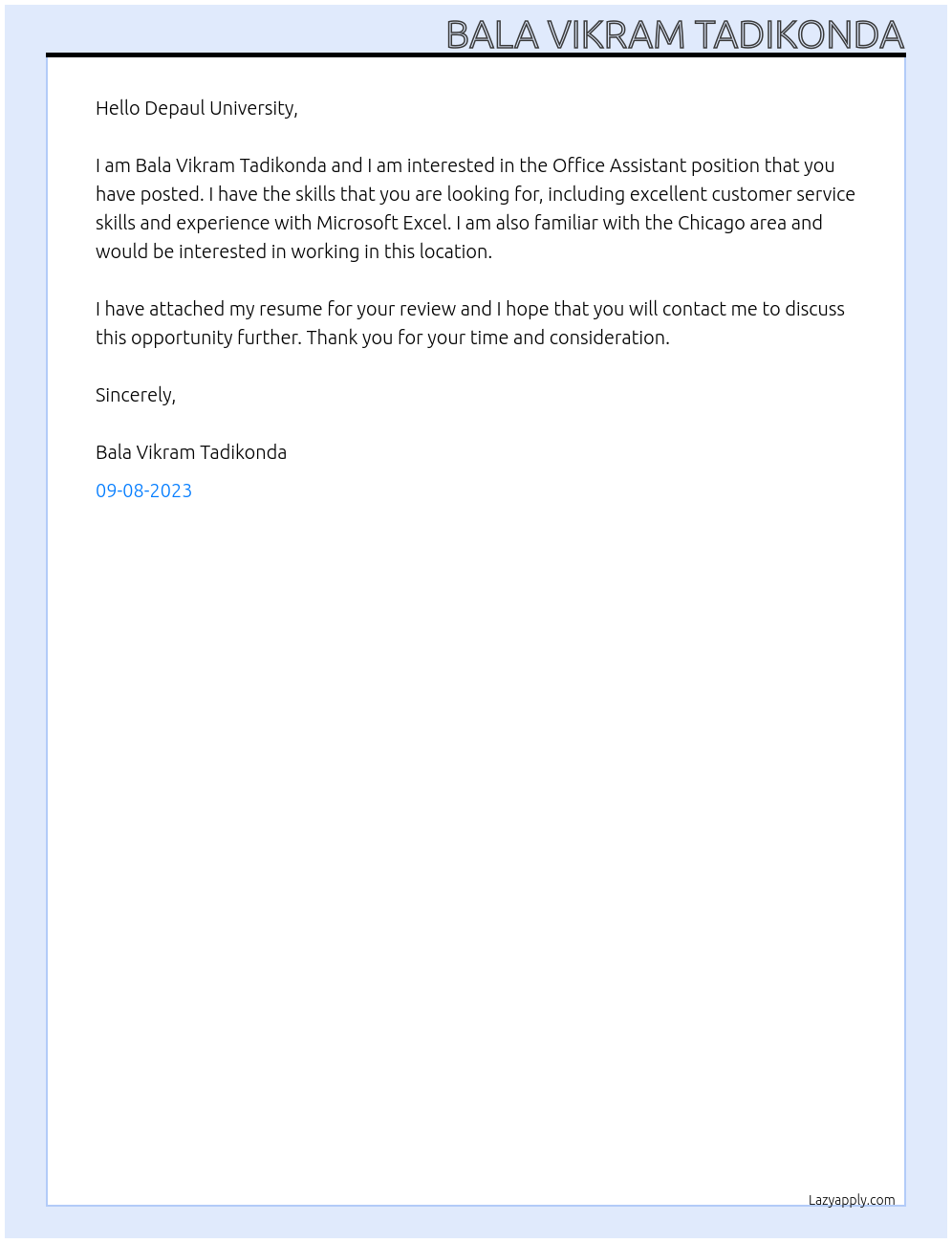 Office Assistant At Depaul University Cover Letter