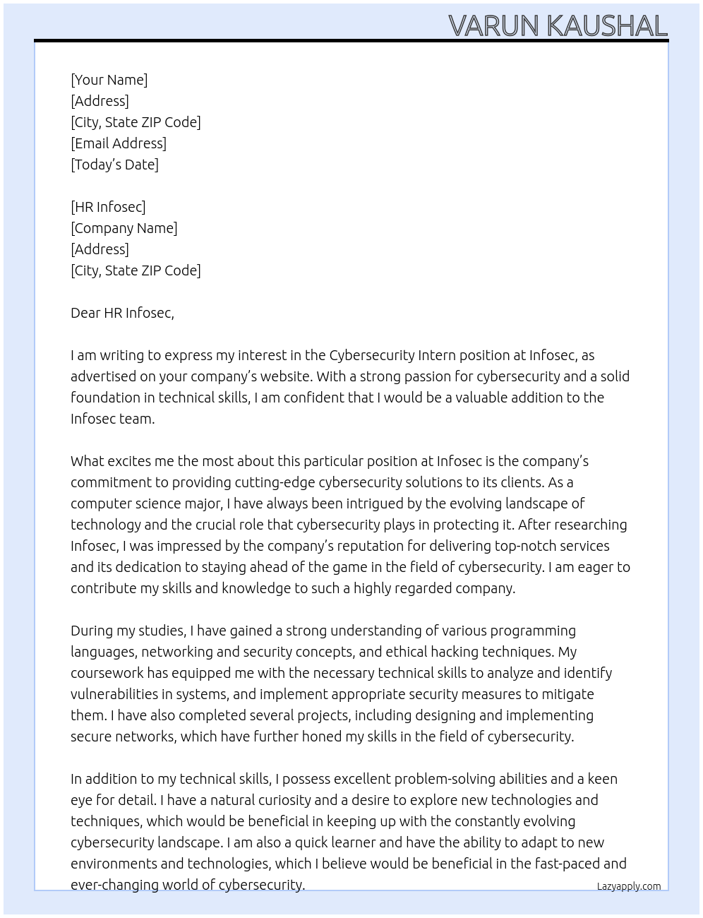 Cybersecurity Intern At Infosec Cover Letter