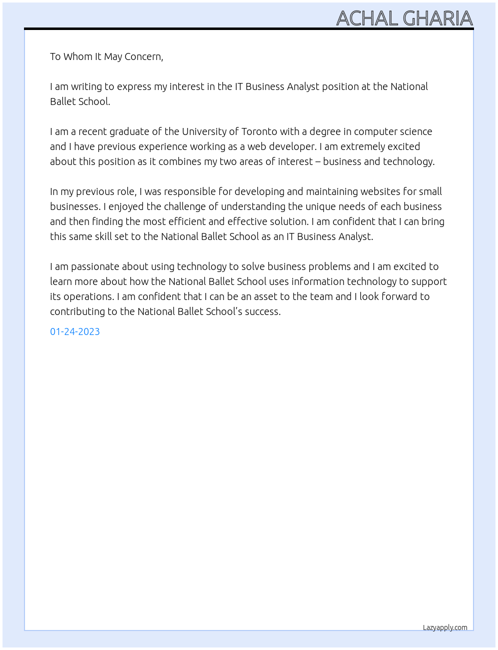 IT Business Analyst At National Ballet School Cover Letter