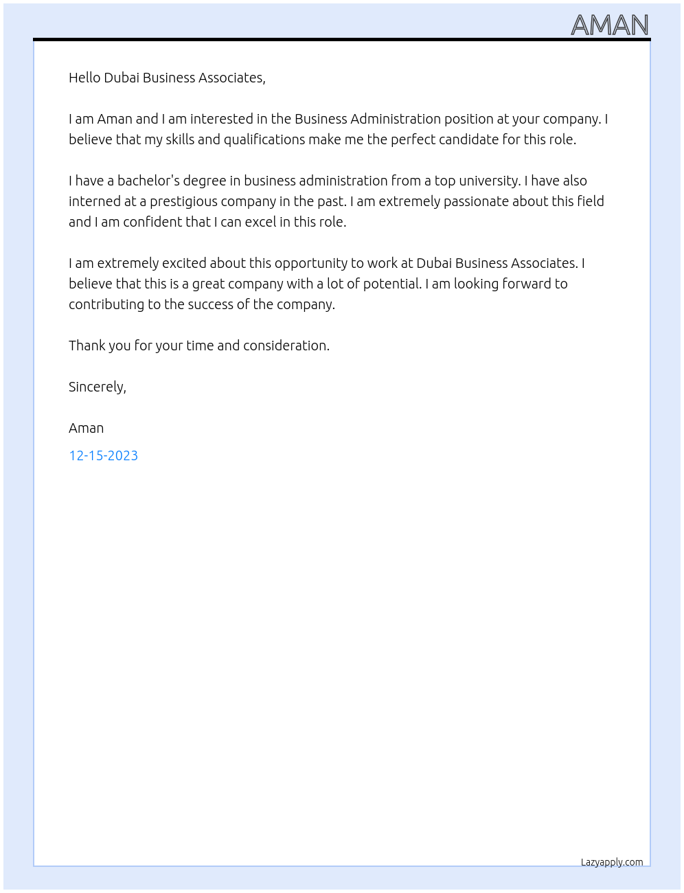 Business Administration At Dubai Business Associates Cover Letter