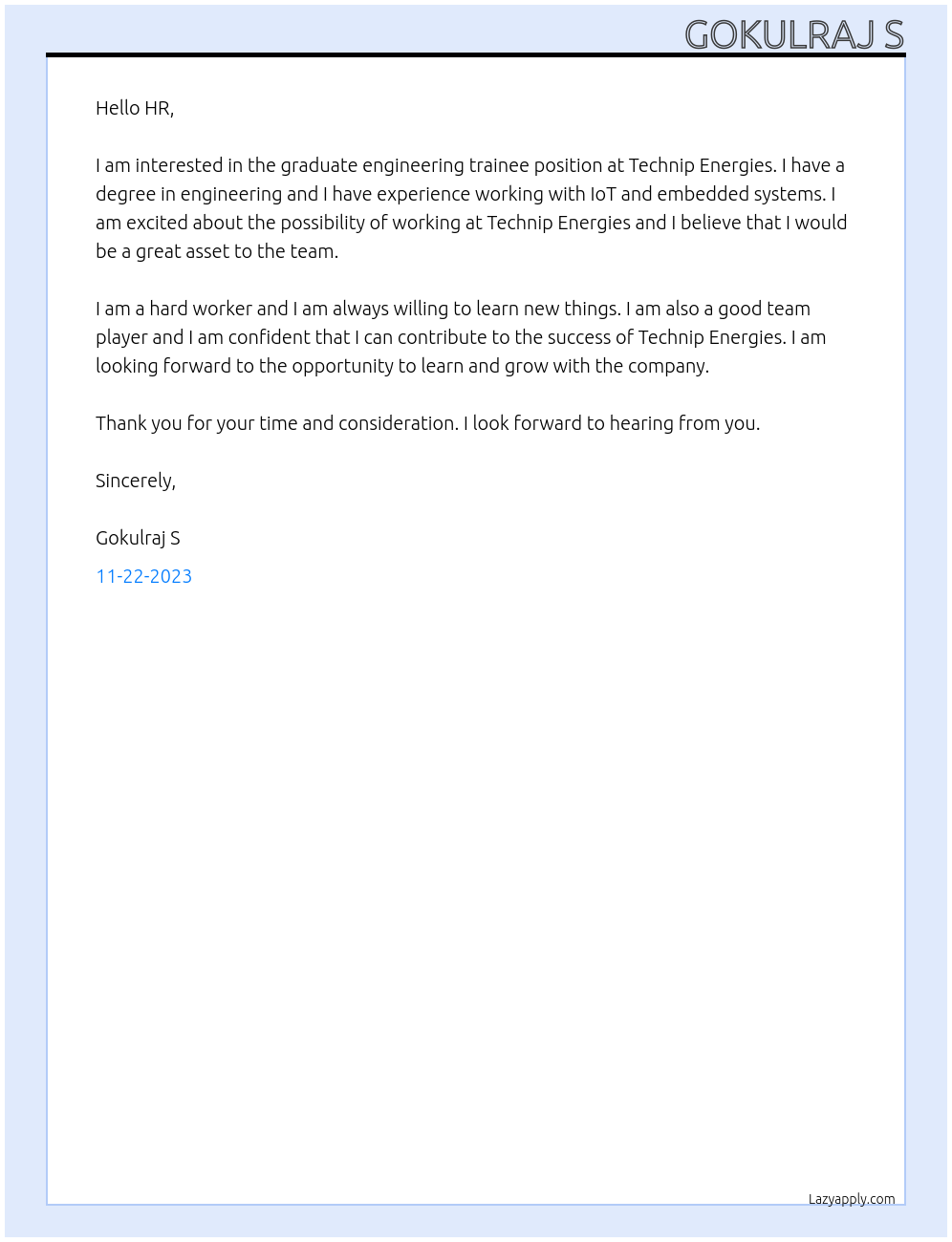 Graduate engineering trainee At Technip Energies Cover Letter