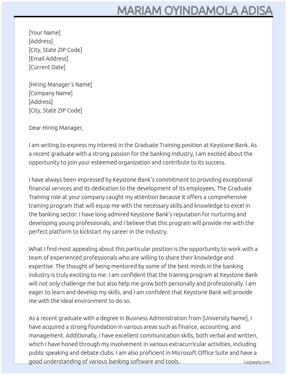 Graduate Training At Keystone Bank Cover Letter