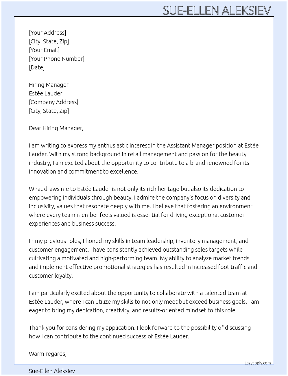 Assistant Manager At Estée Lauder Cover Letter