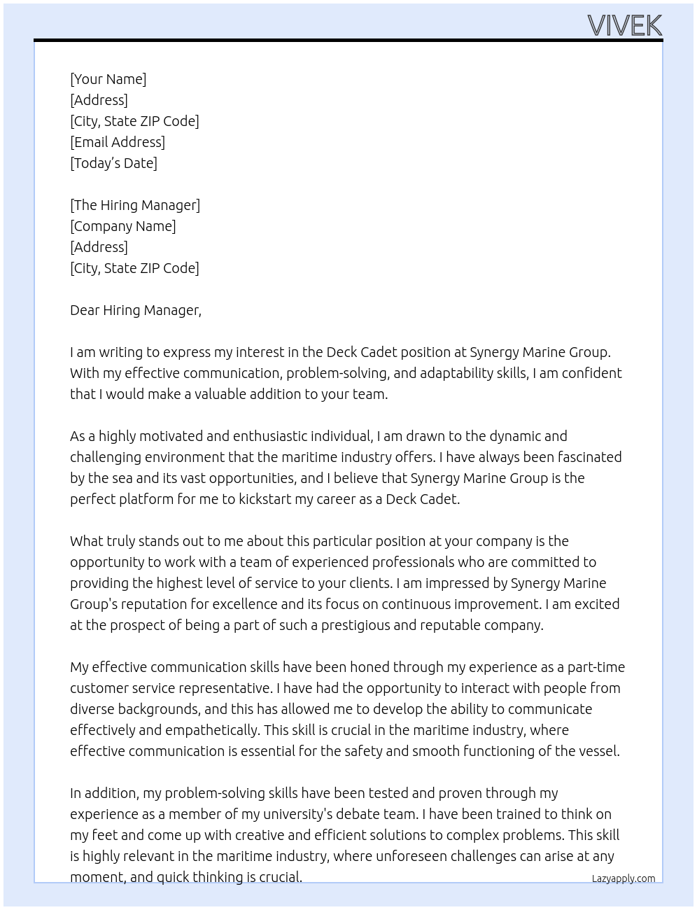 Deck Cadet At Synergy Marine Group Cover Letter