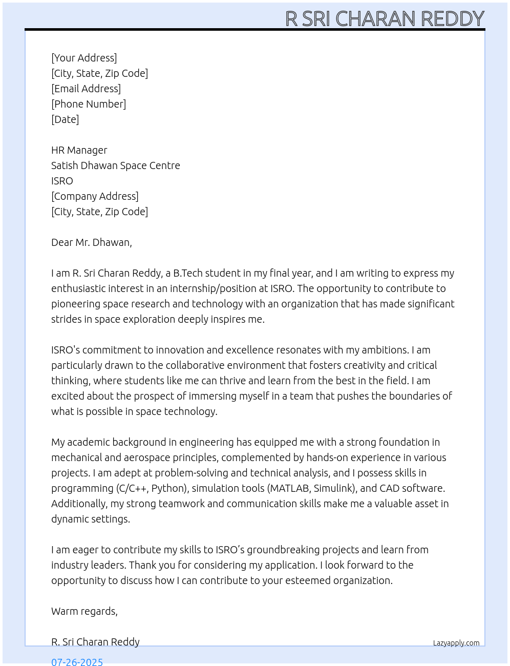 STUDENT B.TECH 4TH YEAR At ISRO Cover Letter