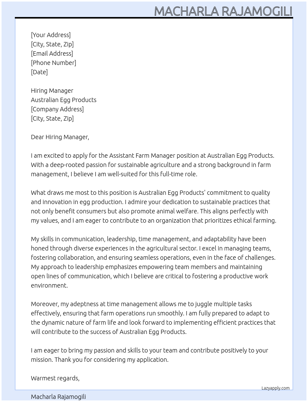 Assistant Farm manager  At Australian egg products  Cover Letter