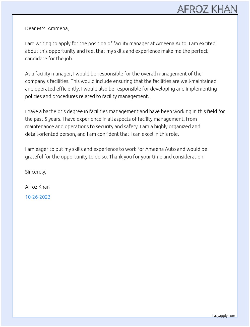 facility manager At Ameena Auto Cover Letter