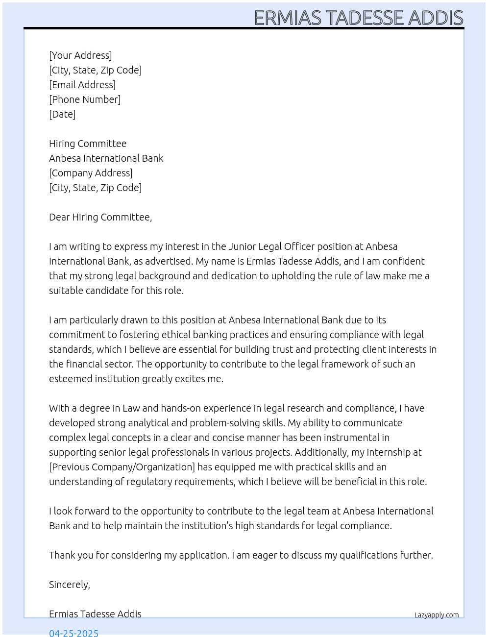 Junior legal officer At Anbesa international bank Cover Letter