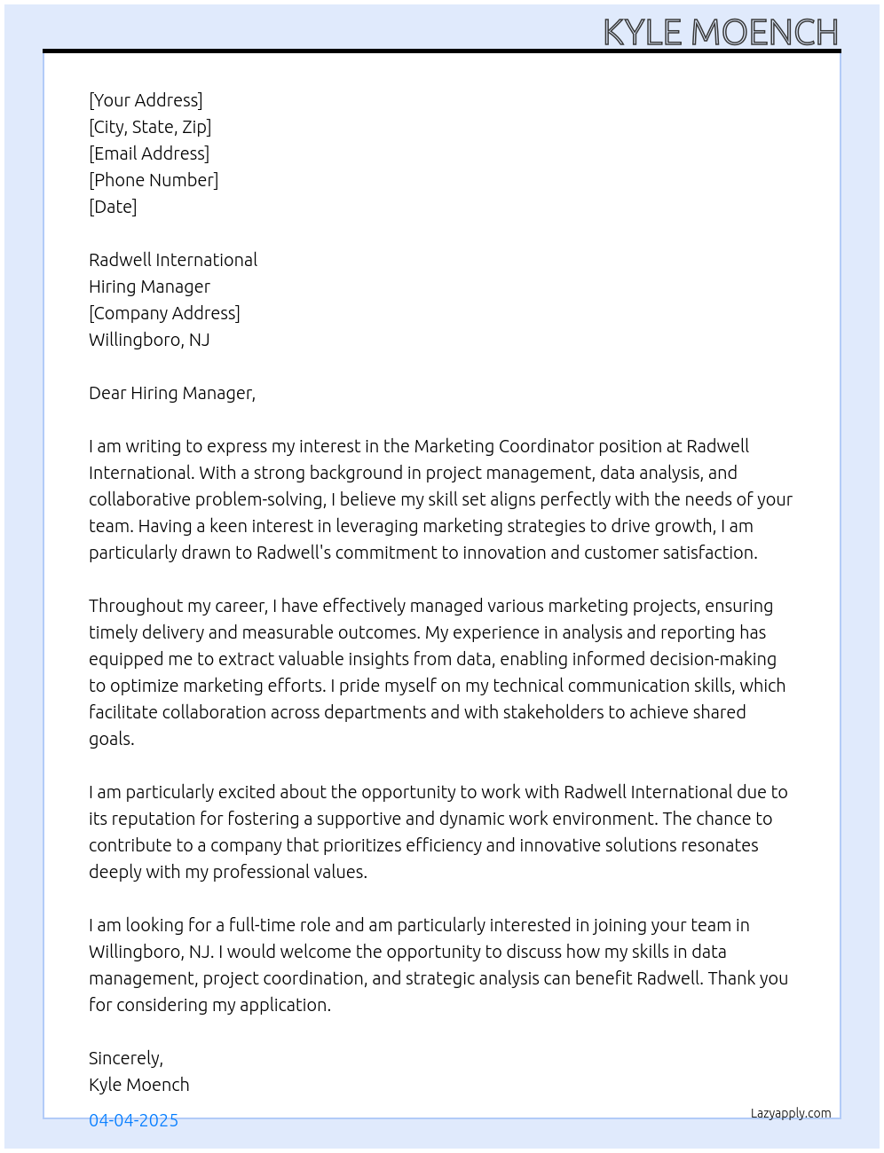 Marketing Coordinator At Radwell International Cover Letter